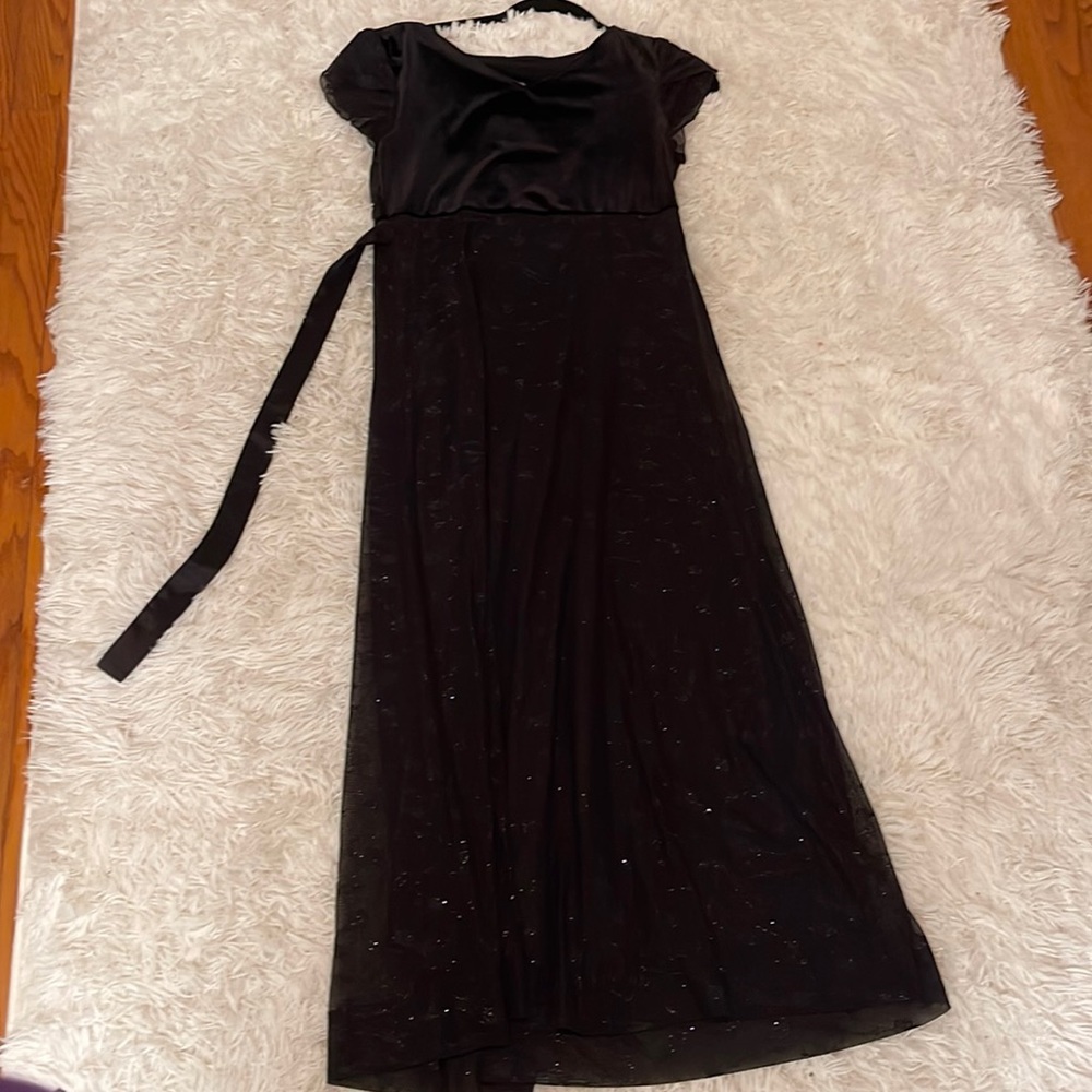 Formal Fashions Black Felt & Sheer Choral Maxi Dress with Floral Patterns & Belt